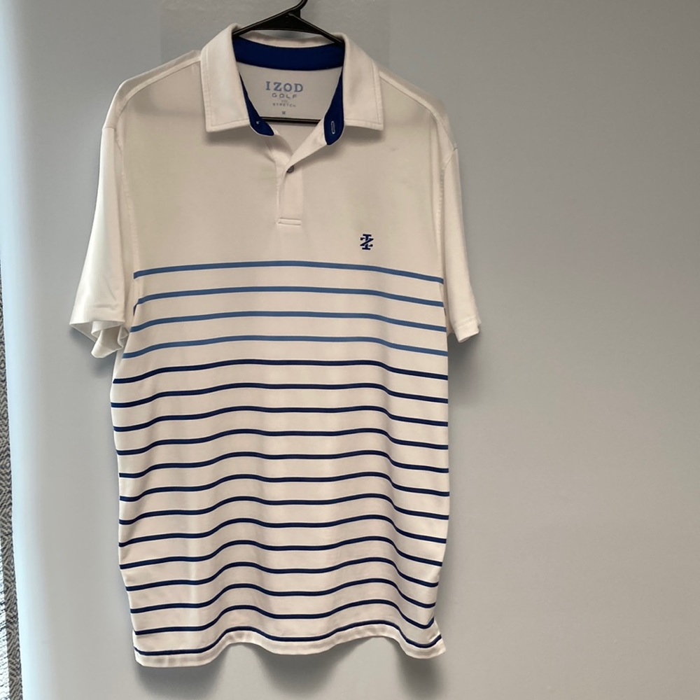 Mens Izod Golf Polo. White with blue stripes. Medium.